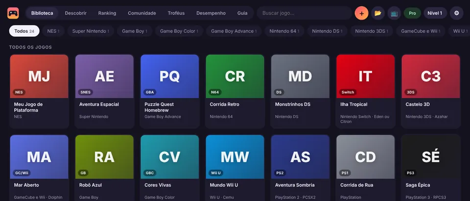 Biblioteca do AdvanceRetro com jogos organizados por console