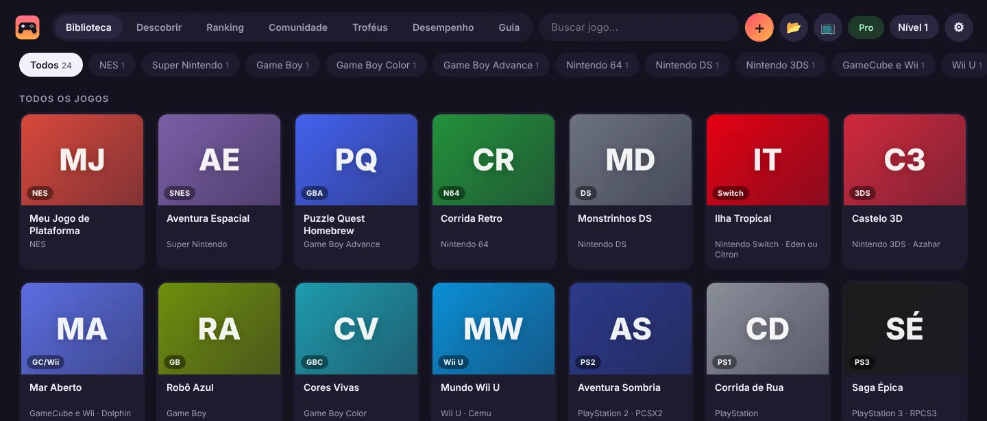 Biblioteca do AdvanceRetro com jogos organizados por console em cartões