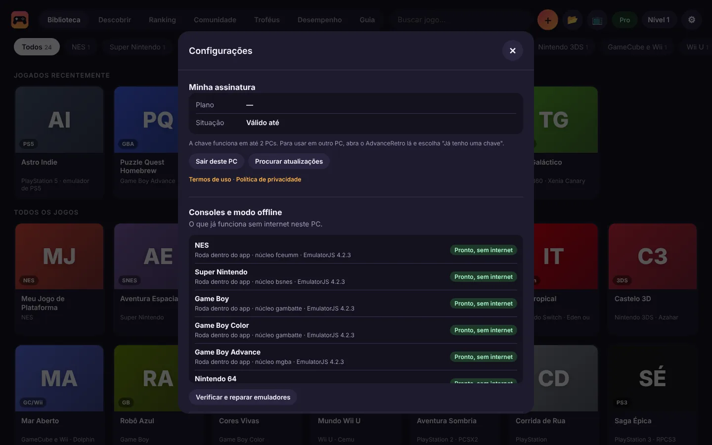 Configurações do AdvanceRetro mostrando quais consoles já funcionam sem internet