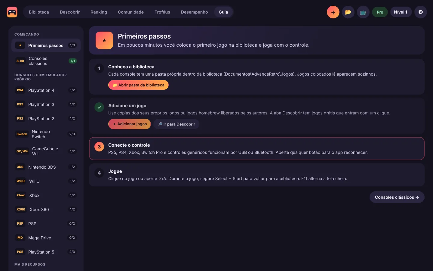 Guia do AdvanceRetro com os primeiros passos e um tópico para cada console